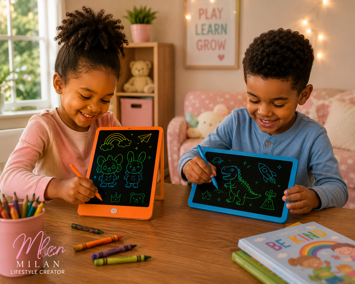 Two children using colorful LCD writing tablets for creative screen-free play